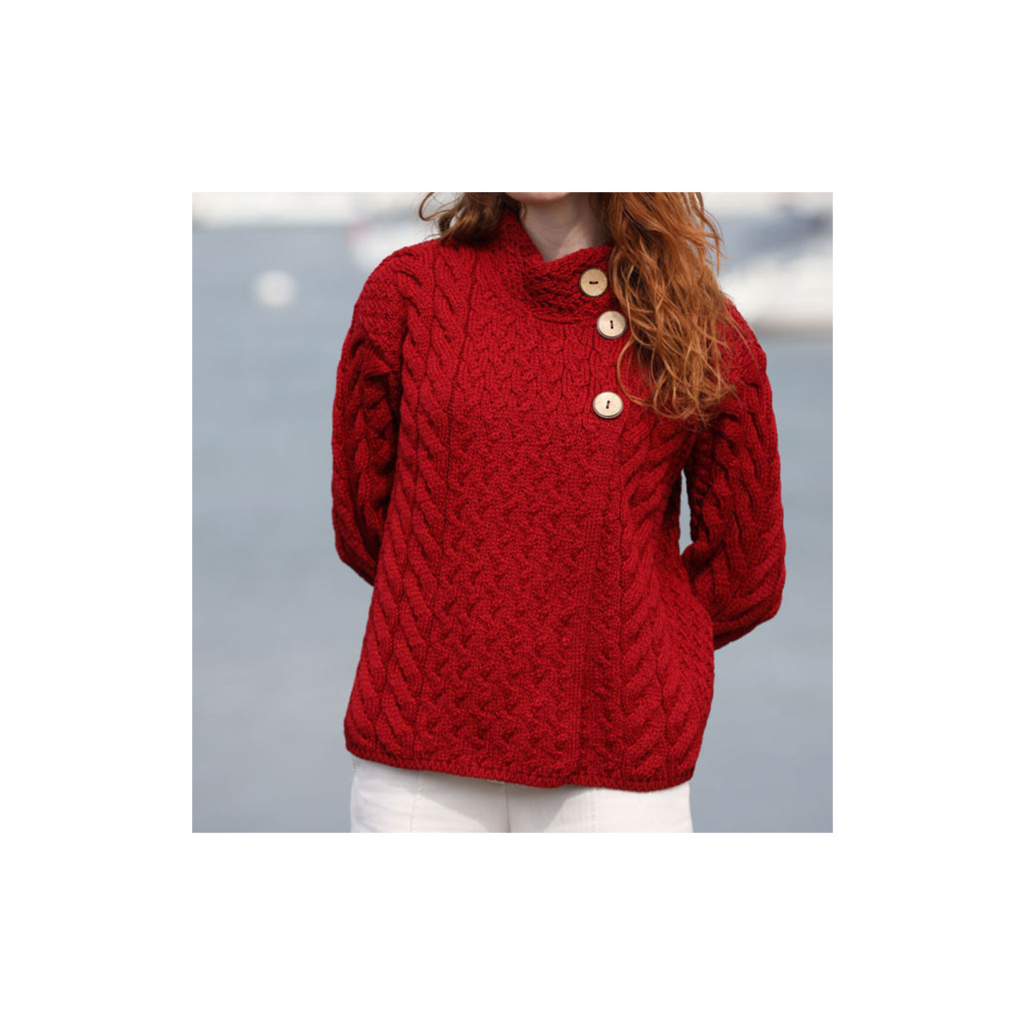 Aran Woollen Mills Merino Red 3 buttons Lisdeen Cardigan