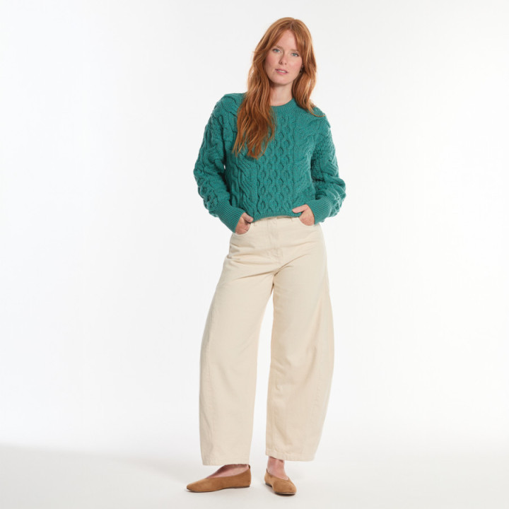 Pull Crop Cable Bleu Sarcelle Aran Woollen Mills