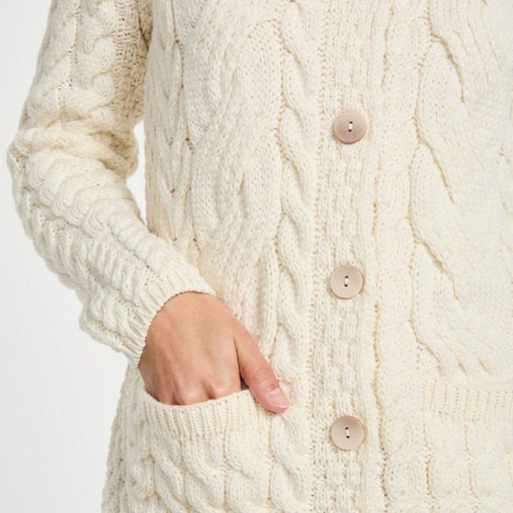 Aran Woollen Mills Ecru Cabled Button-Up Cardigan