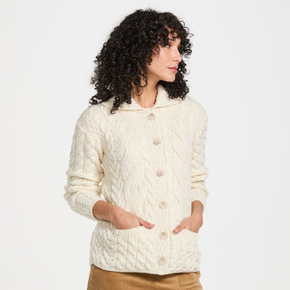 Aran Woollen Mills Ecru Cabled Button-Up Cardigan