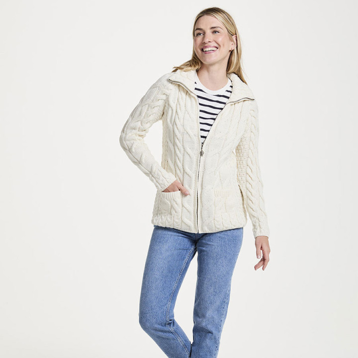 Cardigan Zippé Lisbaun Écru Aran Woollen Mills