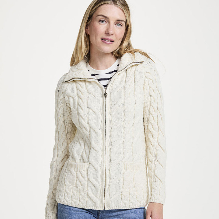 Aran Woollen Mills Ecru Lisbaun Zipped Cardigan