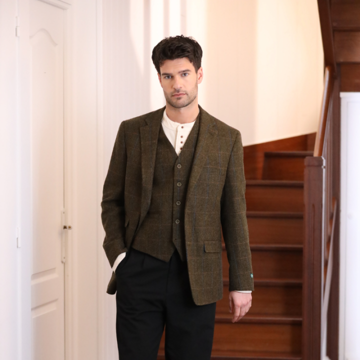 Gilet Laine Mélangée Carreaux Kaki Emerald Isle Weaving