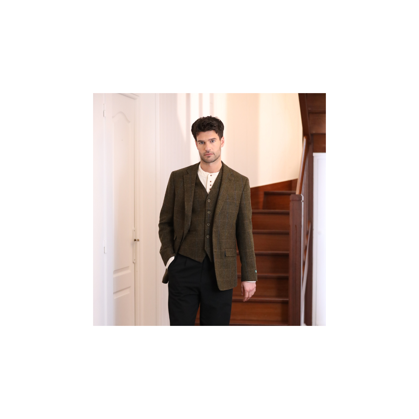 Emerald Isle Weaving Khaki Checkered Blended Wool Cardigan