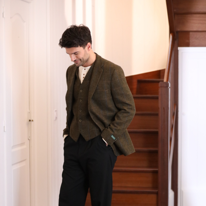 Gilet Laine Mélangée Carreaux Kaki Emerald Isle Weaving