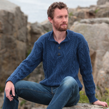 Inis Crafts Blue Stand-up Collar Sweater 